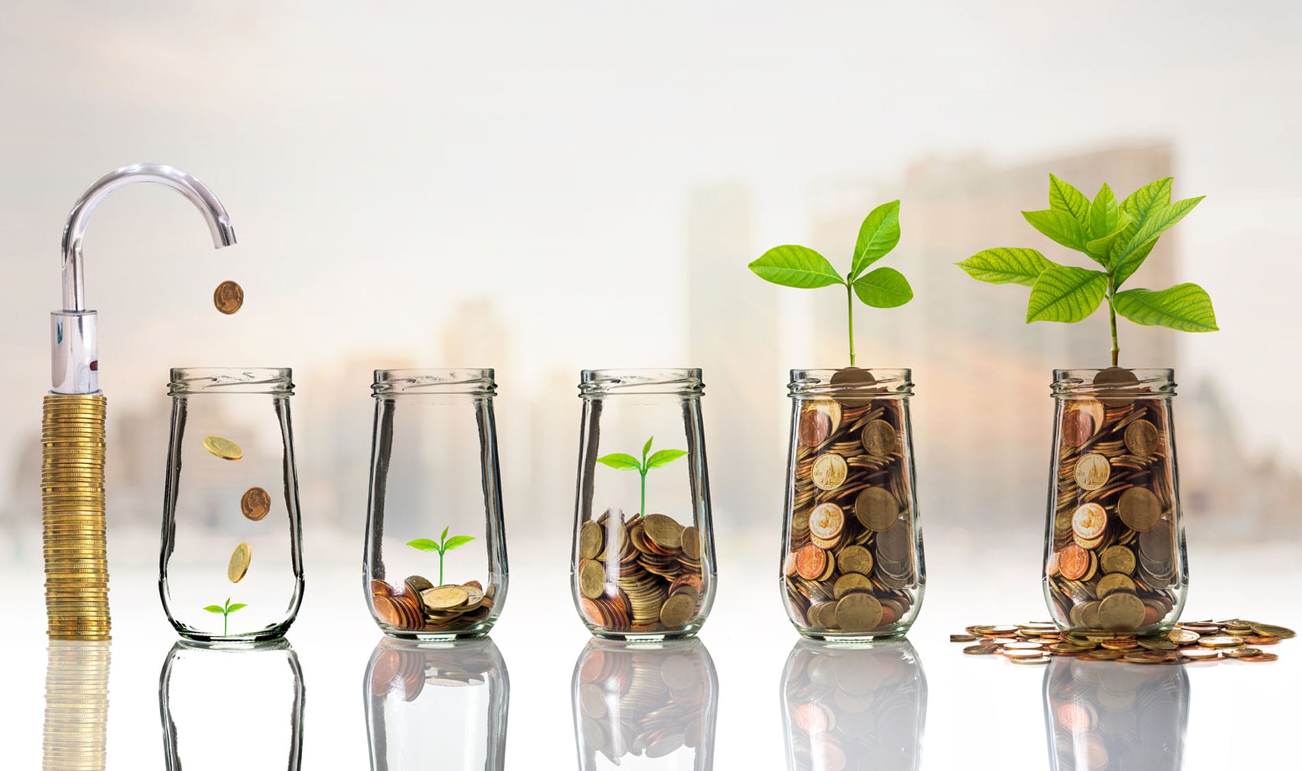 An image of coins in jars with plants growing in them.